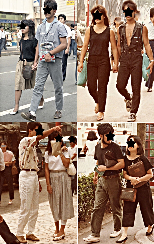 1984年（昭和59年）9月のカップル
右下、ヴィトンのショルダーにレノマを抱える。右上、おそろいのハンドメイドのキルティングきんちゃく袋。左上、彼女手作りの名前のアップリケ入りきんちゃくを片手に。 mtbrs.net/ps_natsukashi_…