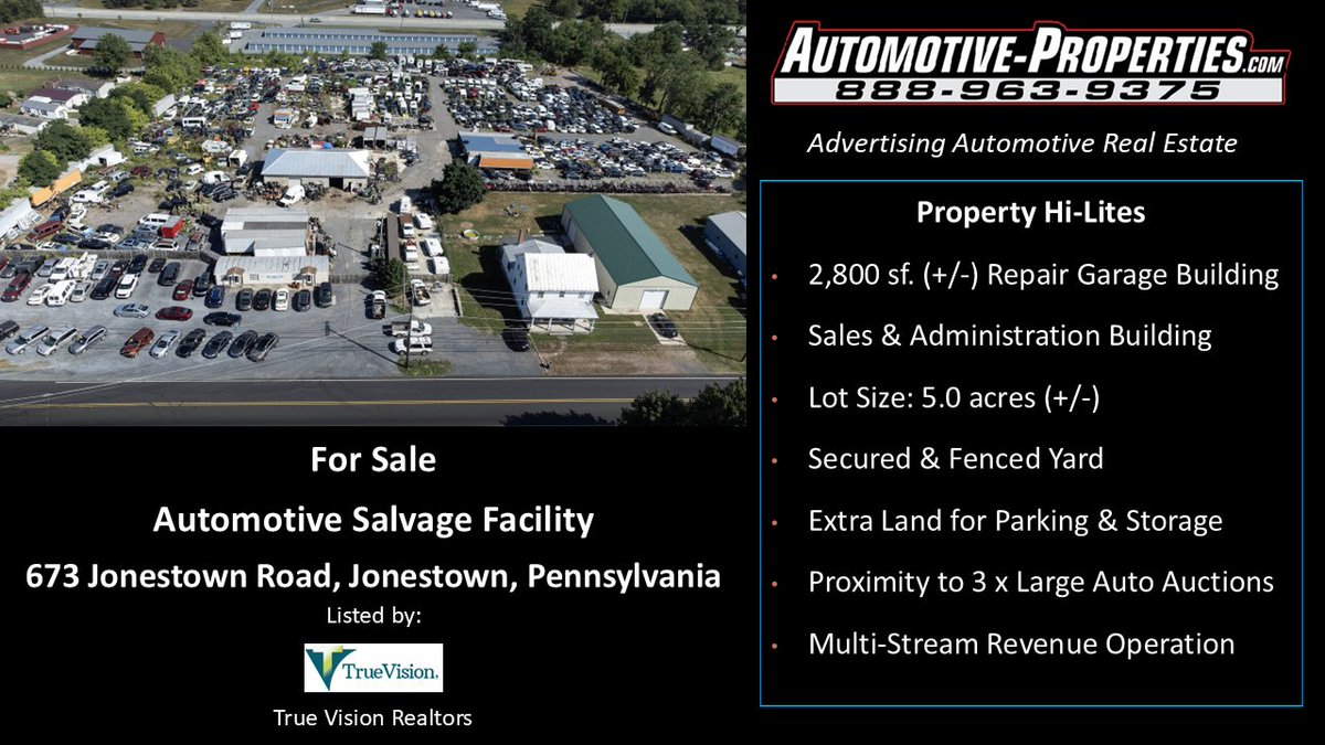AutoProperties's tweet image. Automotive Salvage Facility For Sale in Jonestown, PA
673 Jonestown Road

For further details visit: Automotive-Properties.com

#AutomotiveProperty #SalvageYardForSale #JonestownPA #CommercialRealEstate #AutoIndustry #InvestmentOpportunity