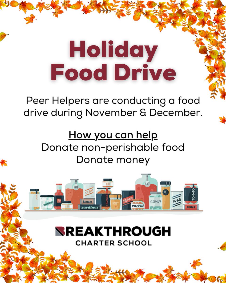 Breakthrough_CS's tweet image. Our Peer Helpers are conducting a food drive during November &amp;amp; December! 🥫🍞🛒

How you can help
🥫 Donate non-perishable food
💵 Donate money

Thank you for your support in feeding the hungry in our community!