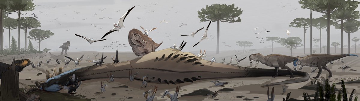 a rare feast in the huincul formation, the smell of a dead argentinosaurus gets the attention of several different species flocking pterosaurs, abelisaurs, and carcharodontosaurids.