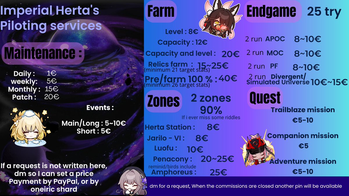 this_crown_'s tweet photo. ~♡° Honkai star rail / ZZZ piloting services!

Too busy? Tired? Or need a little help?

Imperial Herta is at your service, ♪

Below are some examples of the services I offer! Price are very negotiable, just dm me for more 🙂‍↕️
#HonkaiStarRail #zzzero https://t.co/JuIJ6gKKIL