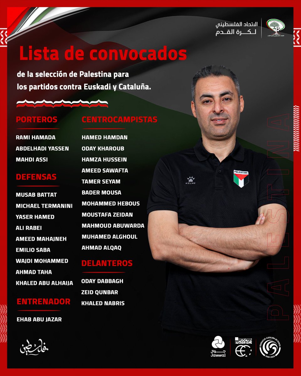 Palestine 🇵🇸 will plays a pair of friendlies with Euskadi and Cataluña this month!

🆕 Emilio Saba (Sport Boys 🇵🇪)
🆕 Khalid Abu El Haija (Nuremberg II 🇩🇪)
🆕 Muhamed Al-Ghoul (Keflavík 🇮🇸)

Al-Ghoul had a fantastic season in Iceland, scoring seven goals and helping get his side