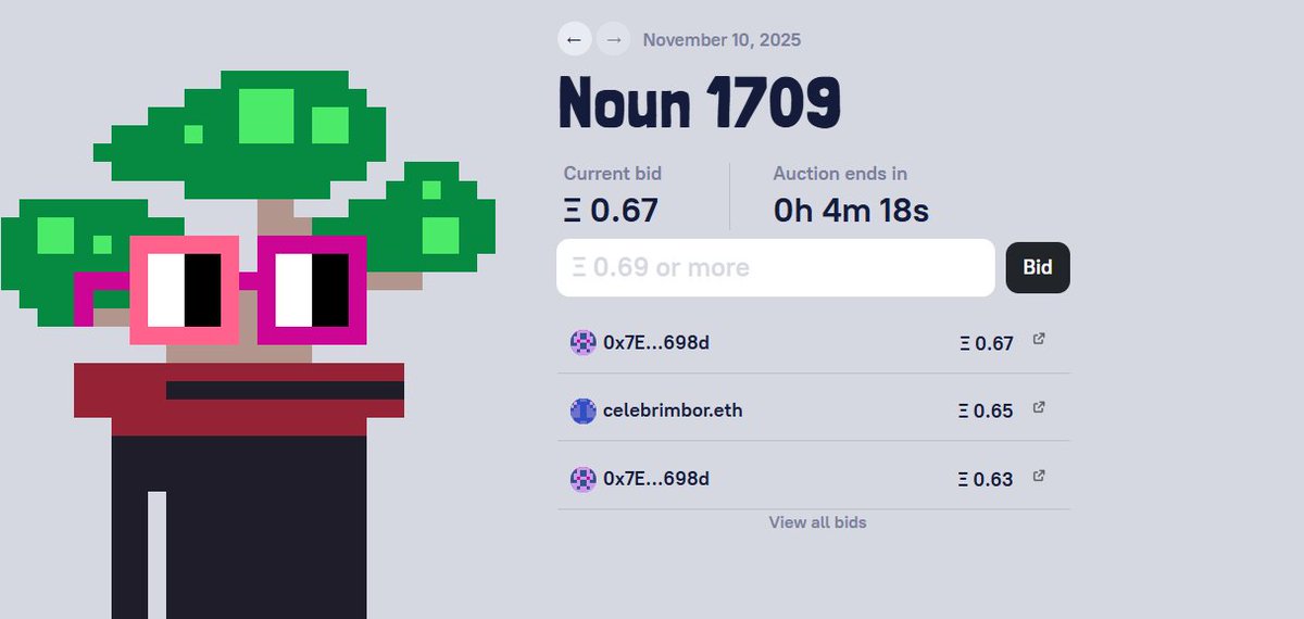 Nouns hazinesinde yaklaşık $13M bulunuyor ve her Noun bir oy hakkına sahip yani bu sermayenin tamamı topluluk tarafından DAO aracılığıyla yönetiliyor Başlangıçta bir Noun için 80 ETH civarı ödenirken bugün 1709. Noun için verilen teklif böyle hazinedeki $13M tutar 1709 tanesi