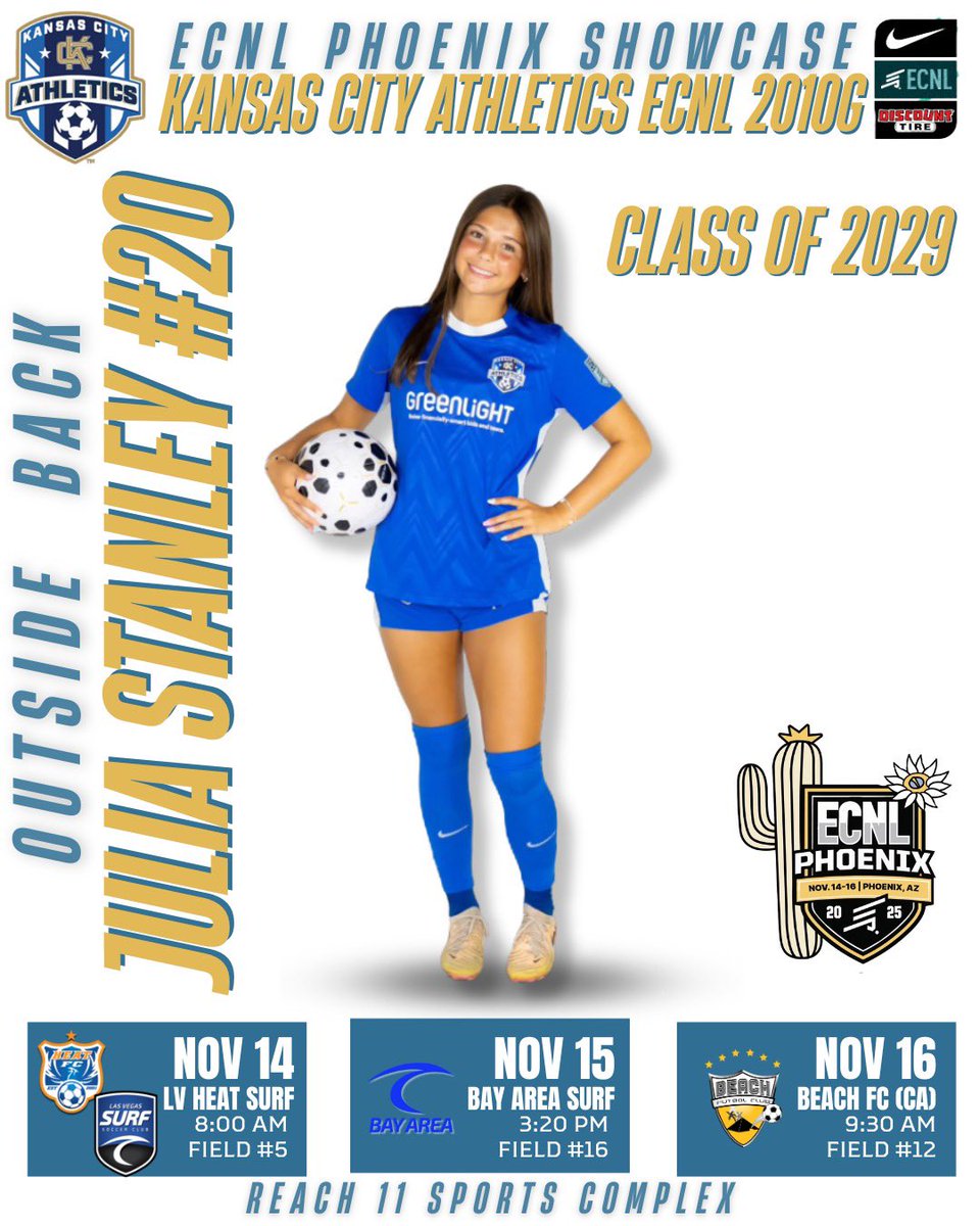 juliastanley_20's tweet photo. Excited for the Phoenix ECNL Showcase. Here’s my schedule!! 🌵

@MarcusKelcher @TopDrawerSoccer @ImYouthSoccer @ImCollegeSoccer @PrepSoccer @AthleticsKC @KStateSOC @TCUSoccer @BaylorFutbol @coleouren @colleen__corbin https://t.co/mrLa5SiYDe