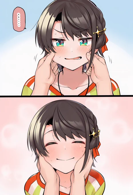 頬を引っ張られるすぼるん 