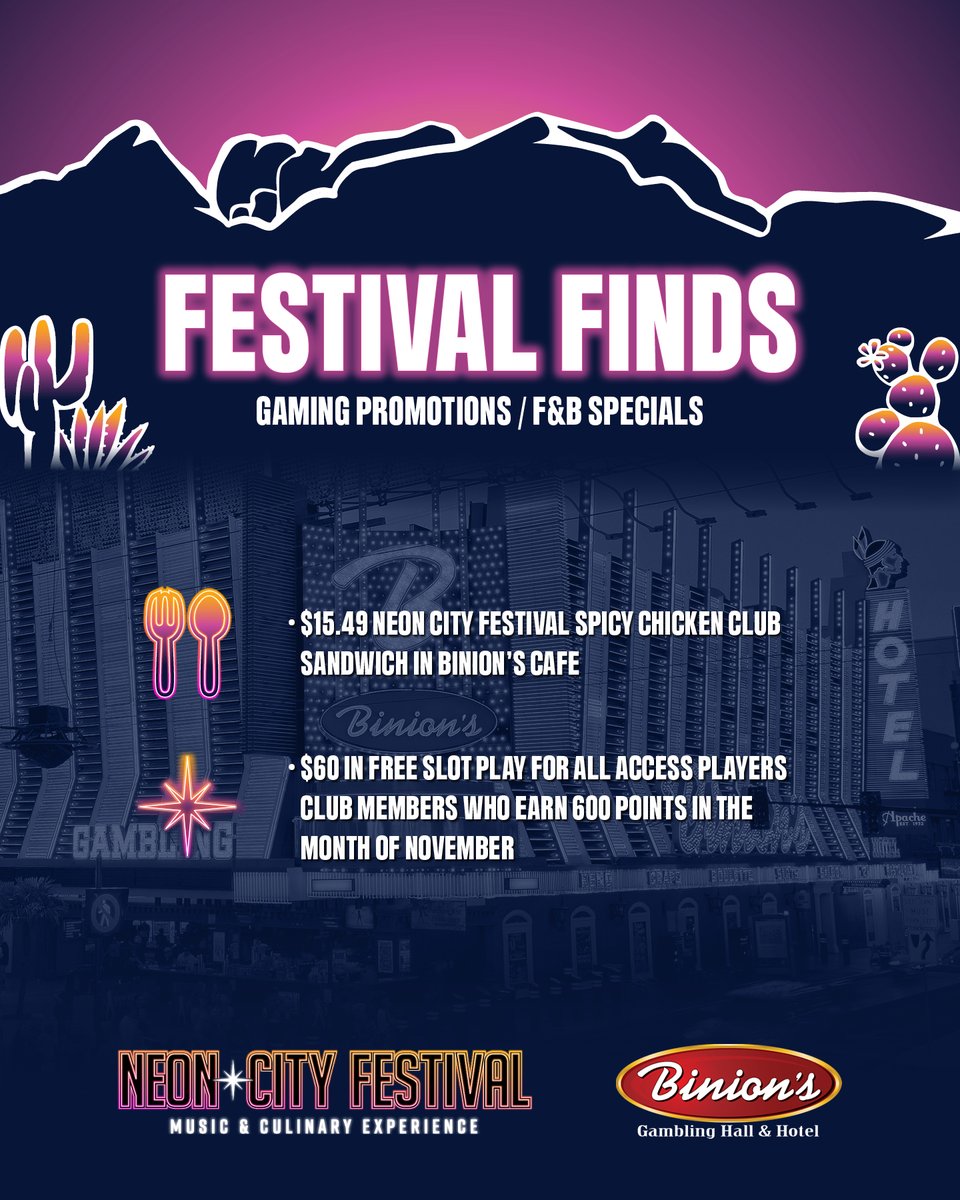 💜 FESTIVAL FINDS 💜

<a href="/BinionsLV/">Binion's Gambling Hall & Hotel</a> is comin’ at ya with some sweet gaming promotions &amp; F&amp;B specials during #NeonCityFestival weekend! 🍴🎰

Learn more: neoncityfestival.com/what-to-do/