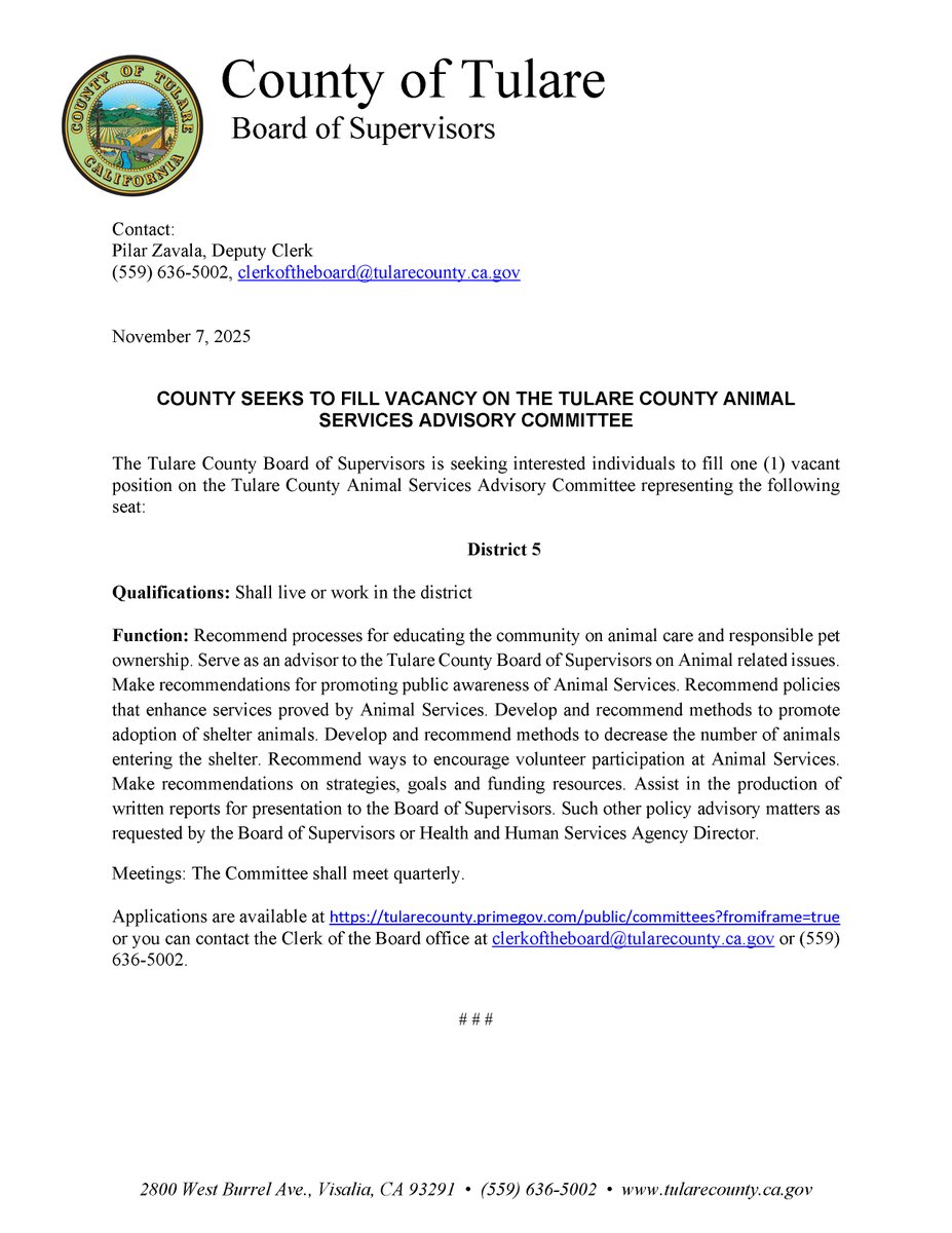 Tulare County is looking for applicants to fill vacant positions on two boards and two committees.

Learn more: tularecounty.ca.gov/clerkoftheboar….
#TulareCounty #board #volunteer