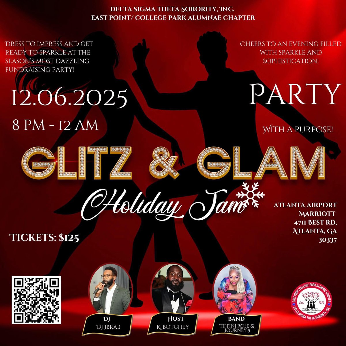 ✨ Glitz and Glam Holiday Jam ✨

Join the East Point/College Park Alumnae Chapter of Delta Sigma Theta Sorority, Inc. on Saturday, December 6th, from 8:00 PM – 12:00 AM for an unforgettable night of elegance, fun, and purpose!