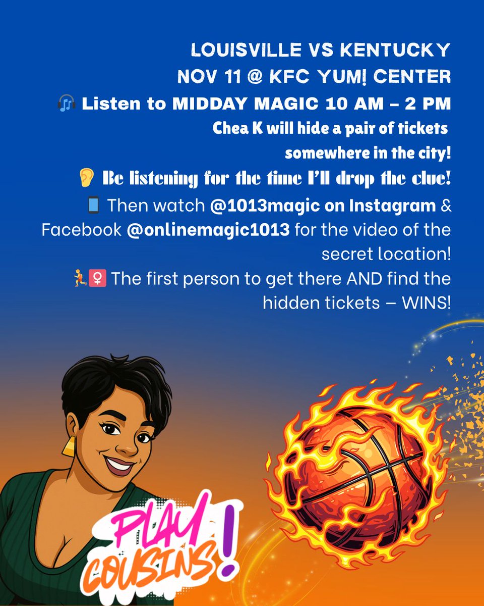 cheawoolfolk's tweet image. 🏀 TICKET HUNT ALERT!
Tomorrow during #MiddayMagic (10–2) I’m hiding 🎟️ to Louisville vs Kentucky!

🎧 Listen for the time
📱 Watch @1013magic on IG &amp;amp; FB for the video clue
🏃 First to find the spot AND the tickets — WINS!

#CheaK #Magic1013 #PlayCousins