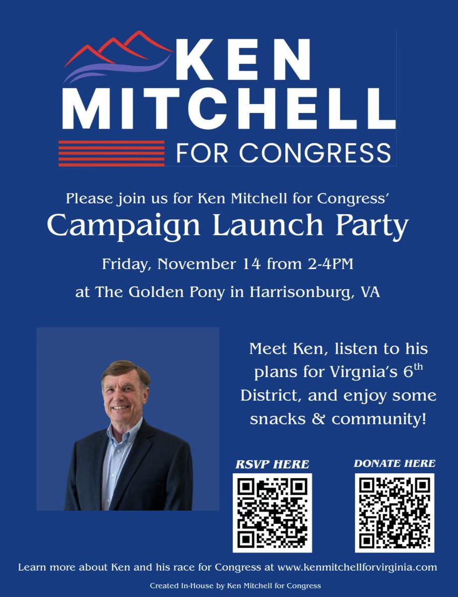 You're invited: come join me at the #HarrisonburgVA courthouse this Friday, November 14, at 1:30 PM (and come join us at the Golden Pony for a kickoff party)!

#ken4va #midterms2026