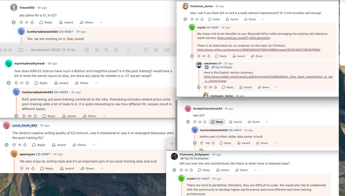 zheng401's tweet photo. Kimi team’s AMA happening now! 🚀 Check out some of the interesting answers they’ve shared 📷#KimiK2 #KDA #Muon #INT4 #OpenSource #ThinkingModels #TokenEfficiency #VLModel #K3 #CreativeWriting #AGI https://t.co/Rb1O4jS99X