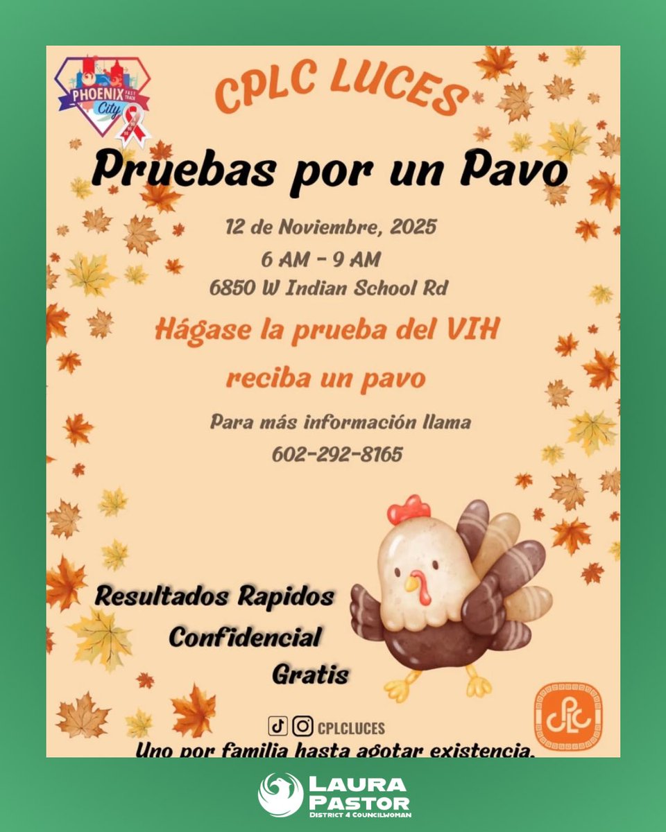 This Wednesday, join <a href="/WeAreCPLC/">CPLC</a> LUCES for their annual Test for Turkey event. Stop by to receive a free and confidential HIV test and take home a turkey 🦃 for your family while supplies last.

📅 Wednesday, November 12 | 6:00 - 9:00 a.m.
📍 CPLC Community Service Center | 6850
