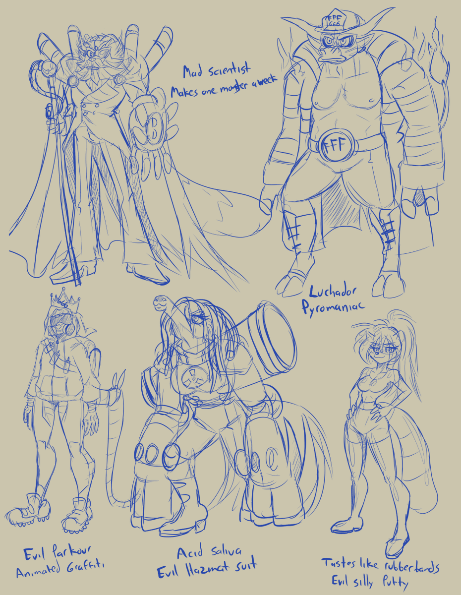 Some doodles for fun i did on friday stream. Fleshing out the shittiest  rogues gallery for the dumbest of superheroes.

Acetone Cop has met her match!
-Doctor Despair
-Fiendish Firefighter
-The Grand Graffiti Grandmaster
-Melty Michelle
- And Rubberbandette as a guest character.