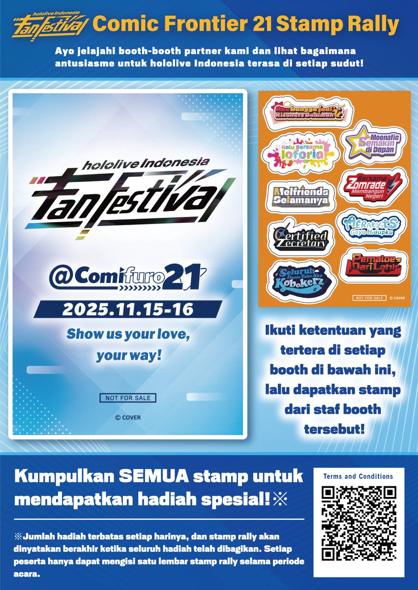 hololive_Id's tweet photo. #holoIDFanFes25 Stamp Rally

Apakah kalian siap menjelajahi hololive Indonesia Fan Festival Zone @ Comic Frontier 21!

Kumpulkan SEMUA stamp untuk mendapatkan sticker sheet spesial!

📅 2025.11.15 (Sabtu) - 16 (Minggu) https://t.co/ls9tYDFGTF