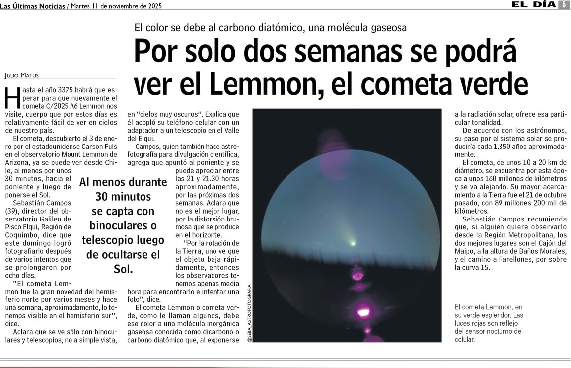 seba_sirius's tweet image. Les comparto la entrevista que me hicieron en las últimas noticias sobre mi foto del cometa #Lemmon. Un cometa qué no volveremos a ver hasta más de 1000 años más. En mi perfil de Instagram (Seba_Astrofotografia) estate subiendo más capturas ✌️