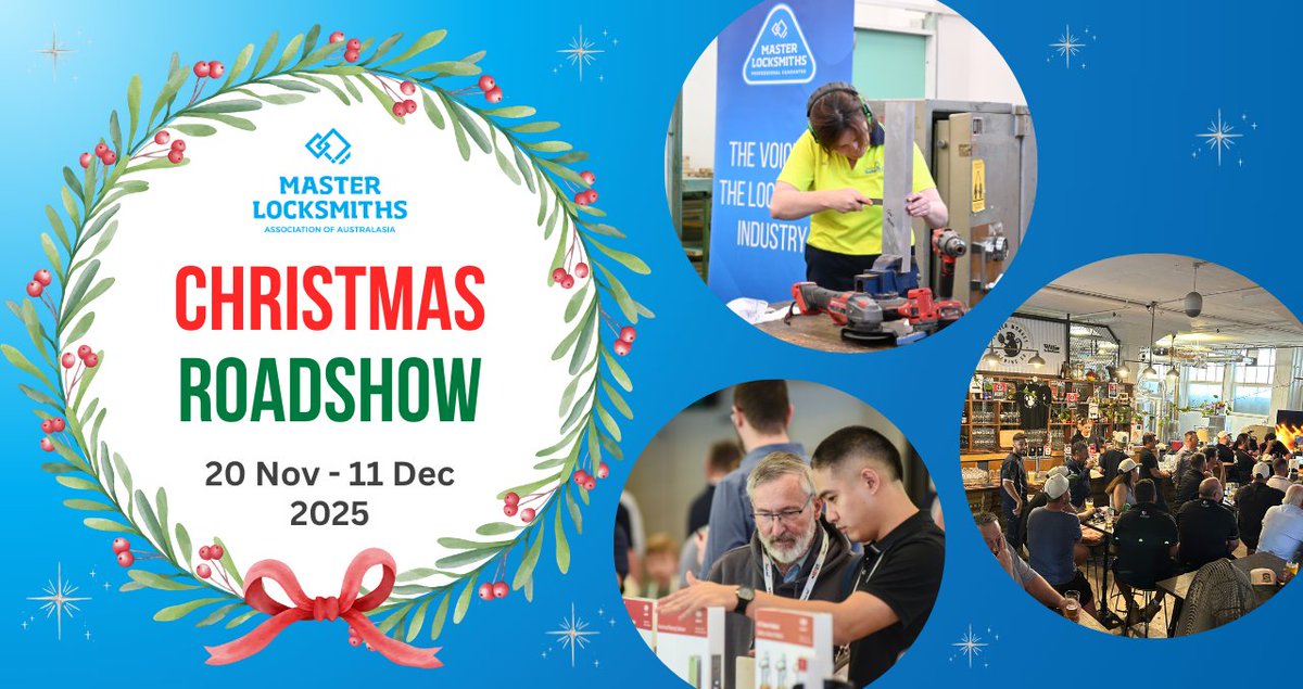Join us for the Master Locksmiths Christmas Roadshow!

Catch up with locksmiths in your area, hear the latest association updates, &amp; celebrate the year’s achievements together before the Christmas break. 

Check out the dates &amp; locations in the link below
masterlocksmiths.com.au/event-6398041