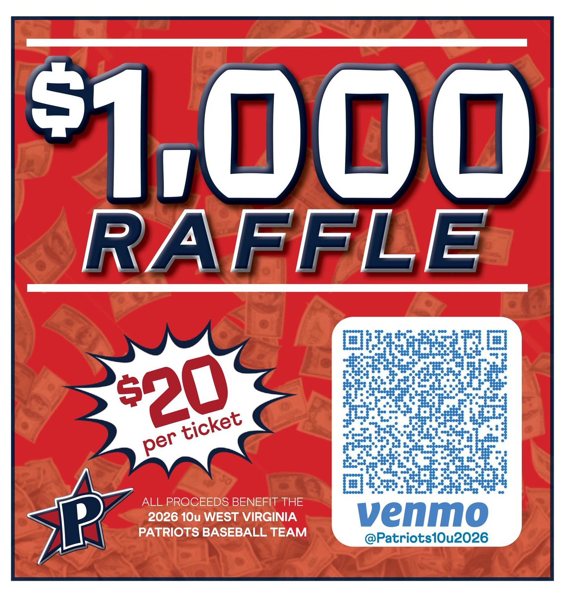Easton’s baseball team is giving away $1,000! Tickets are $20 each. Second place cash prize will be drawn also. 

We’ve given away nearly $2,500 in the past 2 years. Drawing will be in early December. Scan the Venmo code below to enter!