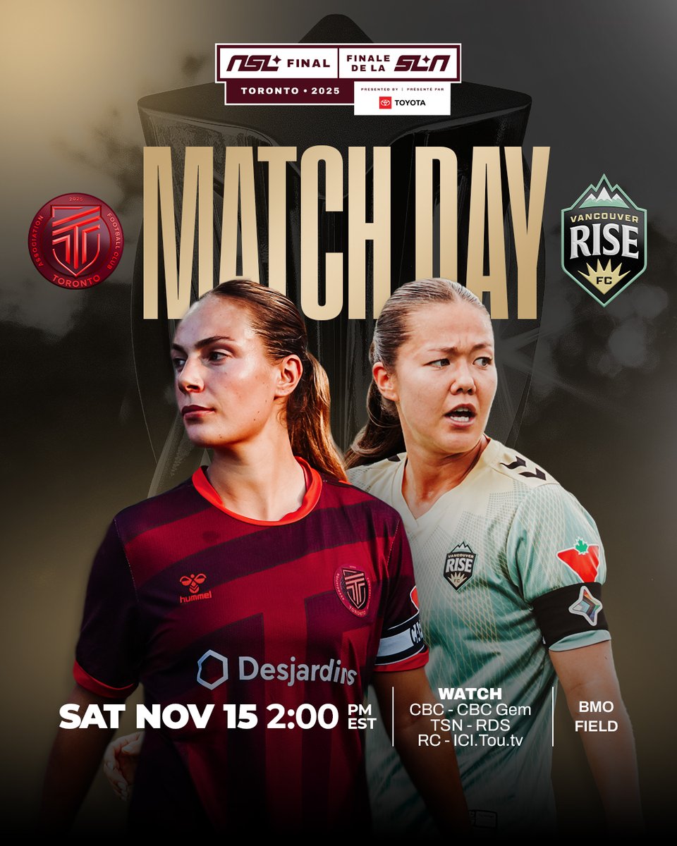The stage is set 🏆 The inaugural NSL Final, presented by <a href="/toyotacanada/">Toyota Canada</a>

⚽️ AFC Toronto vs Vancouver Rise
🗓️ Saturday, Nov 15 | 2pm ET | 11am PT
📺 CBC | CBC Gem | TSN | RDS | RC | Ici.Tou.tv
🎟️ Witness history ticketmaster.ca/event/1000630B…

<a href="/FedDevOntario/">FedDev Ontario</a> |