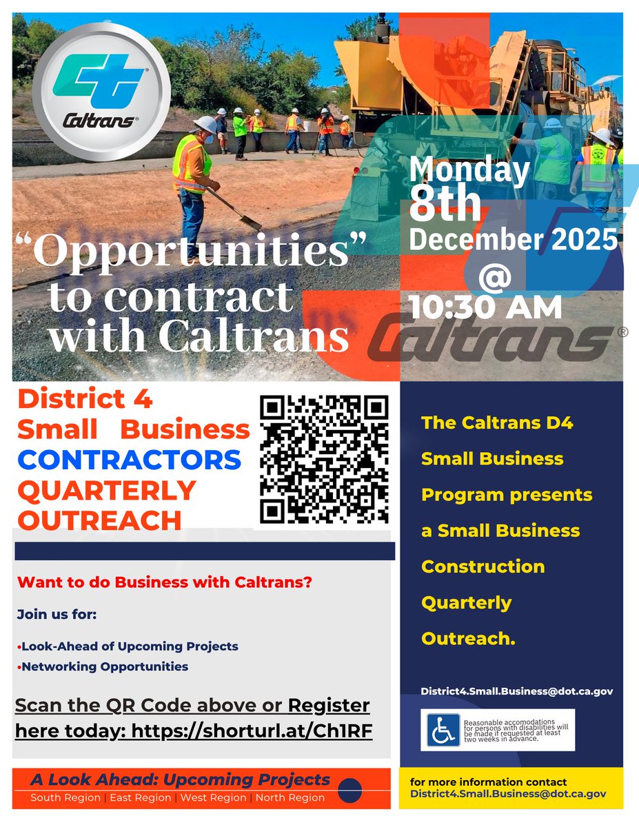 CaltransD4's tweet image. 🚧 Opportunities to contract with Caltrans!
Join our District 4 Small Business Contractors Quarterly Outreach on Dec. 8 at 10:30 AM.
Learn about upcoming projects &amp;amp; connect with Caltrans staff.
Register here 👉 shorturl.at/Ch1RF
#Caltrans #SmallBusiness #Networking #CleanCA