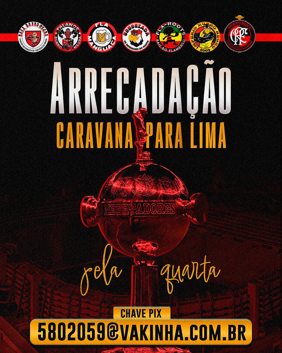Fala, Nação! 🔴⚫
Criamos uma vakinha com o único objetivo de levar nossas Torcidas para fazer a diferença nas arquibancadas da Final da Libertadores 2025, em Lima!
Serão alugados ônibus para levar nossos integrantes, os instrumentos e todos os materiais para fazermos as nossas