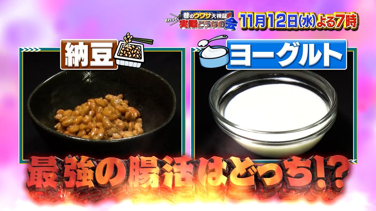 dounanokai's tweet image. 「ヨーグルト」と「納豆」
どちらも腸によいイメージがある食べ物ですが
実は体重への効果には差がある？📈

普通の食事に
「ヨーグルトをプラス」「納豆をプラス」で
どんな差が出るのかを #ザ・たっち が検証🙌

#それって実際どうなの会