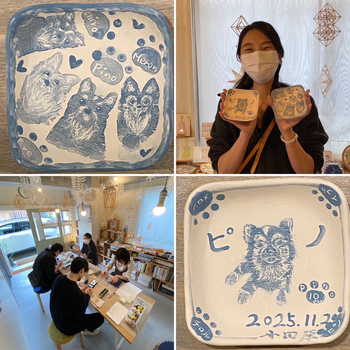 q11g4uDVTQwrb5a's tweet image. 可愛い愛犬4匹の特徴をしっかり描き分けてリアルに描いたおふたり（シャイなご主人は写ってませんが…）とても楽しんで頂けました。焼き上がりお楽しみに☺️本日11/11（火）はご予約ありましたので、10時からオープンしています。明日12(水).13(木)は定休日です。