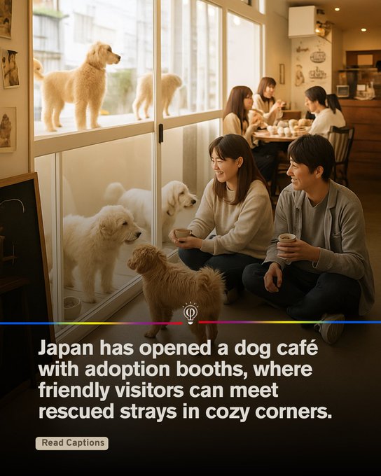 A cozy cafe interior with large windows showing multiple fluffy golden retriever puppies playing and sitting on the floor near patrons. A young woman in casual sweater sits cross-legged holding a cup of coffee smiling at a puppy while a man beside her in gray shirt also holds a cup and interacts with another puppy. Additional patrons sit at wooden tables with drinks in the background surrounded by warm lighting and decorative elements like plants and artwork on walls.