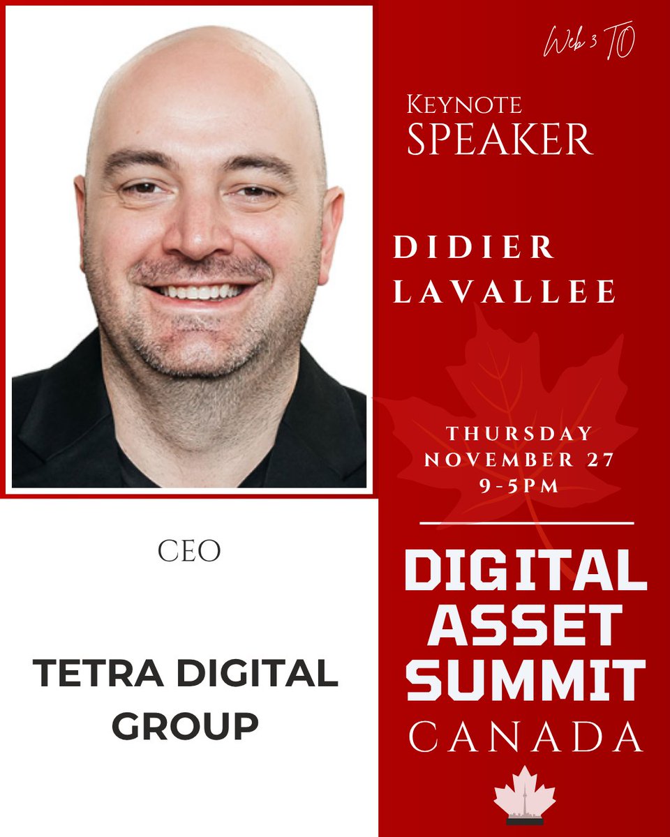 Web3To's tweet image. 🎤 Speaker Announcement

Didier Lavallée , CEO of Tetra Digital Group, joins Digital Asset Summit Canada 🇨🇦

With stablecoin rules in the Canadian Federal Budget, now is the time for Canadians, policymakers &amp;amp; industry  leaders to collaborate on the Canadian Digital Asset Economy.…