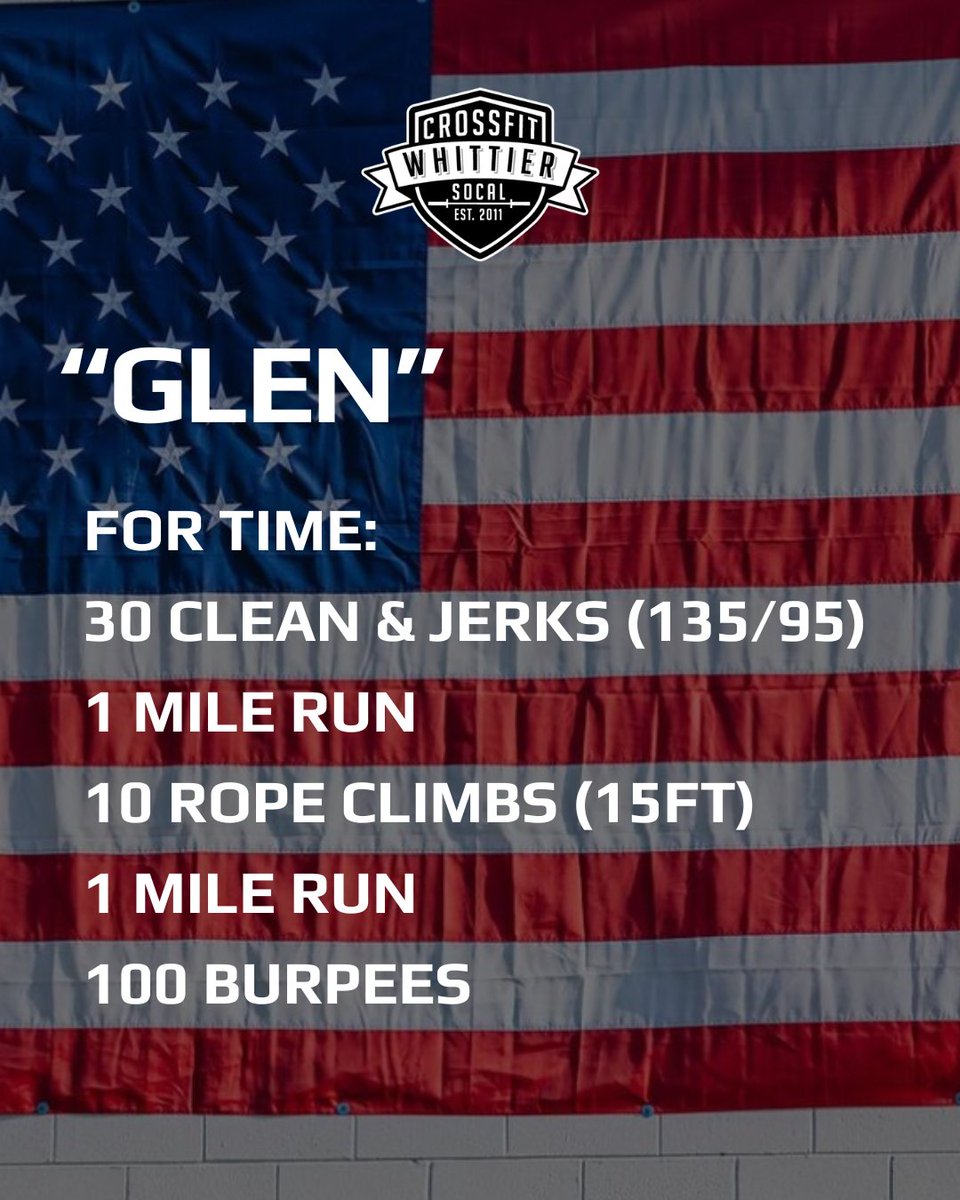 RinaldiProject's tweet image. Join us tomorrow, November 11th, at @CrossFitWhittier for a powerful Veterans Day WOD in partnership with The Rinaldi Project and @ReignBodyFuel ! Honor our heroes with the &quot;Glen&quot; workout: For time – 30 clean &amp;amp; jerks (135/95), 1 mile run, 10 rope climbs (15ft), 1 mile run, 100…
