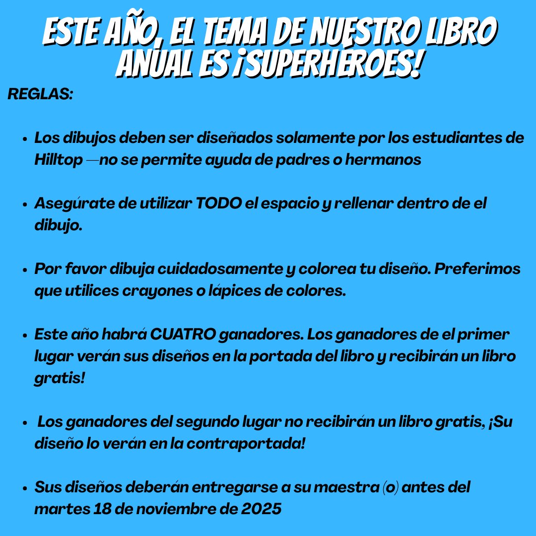 Just a reminder that all submissions for the yearbook cover contest are due next week Tuesday (November 18, 2025). The contest papers were sent home last week. We can't wait to see what designs you come up with! 🎨🖍️😁