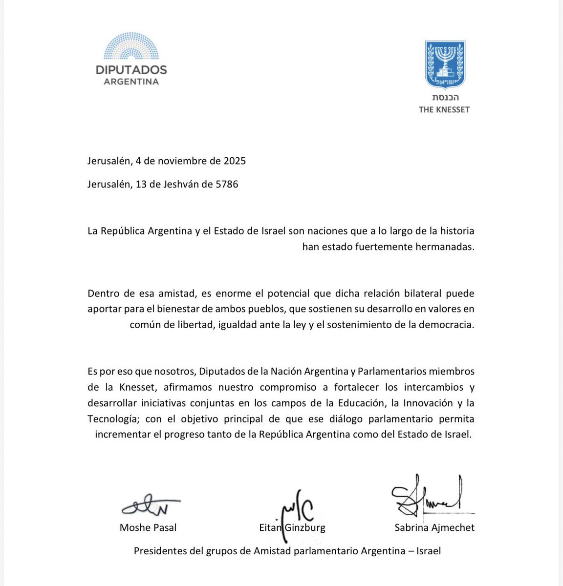 La política internacional del Presidente <a href="/JMilei/">Javier Milei</a> nos pone del lado de las democracias desarrolladas que comparten nuestra agenda de libertad y progreso.

Por eso, como Presidenta del Grupo Parlamentario de Amistad con Israel, reafirmo mi compromiso de trabajar conjuntamente en