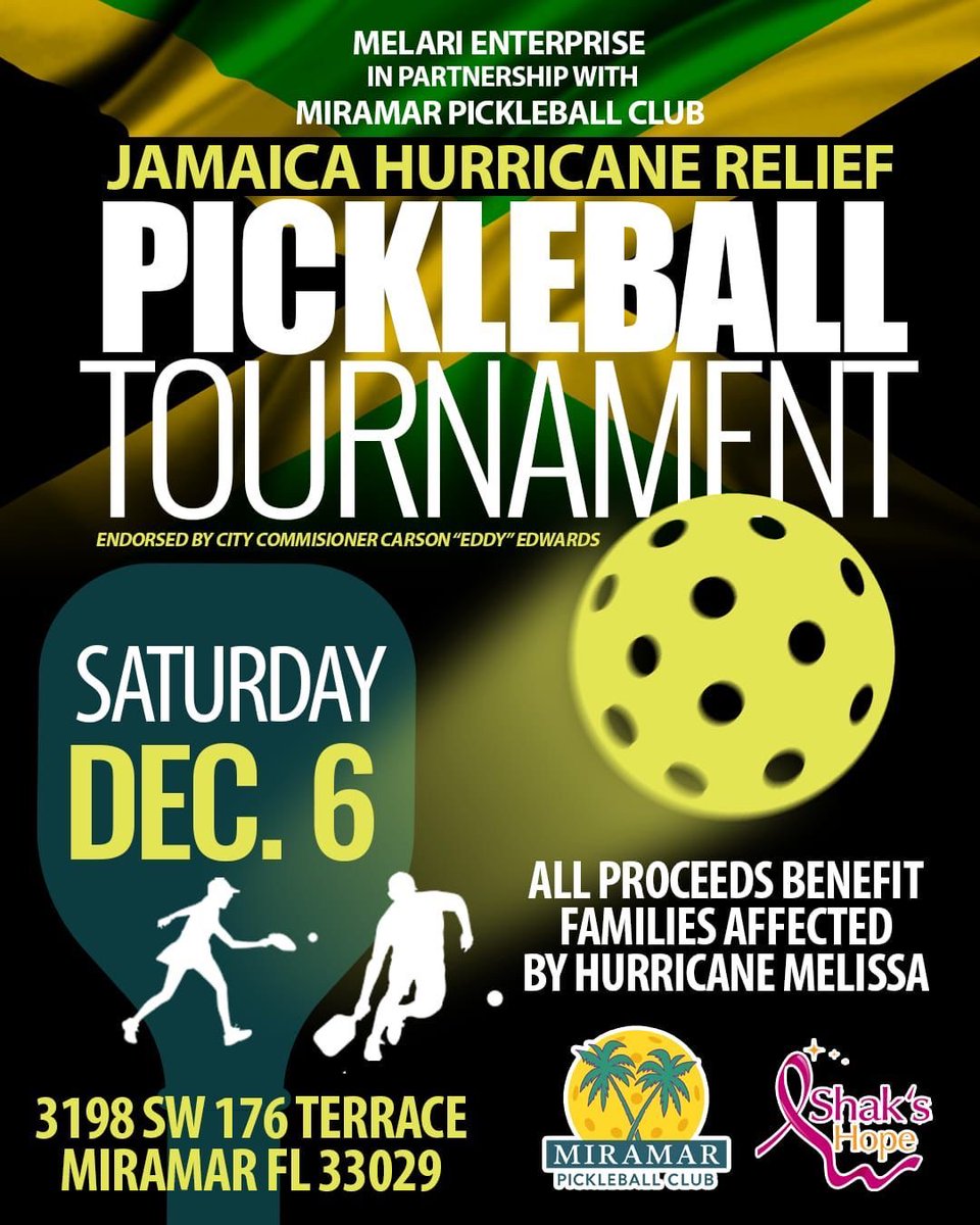Our Veterans Pickleball Association proudly supporting my good friend and fellow Pickler, Melissa, as we look to serve our fellow friends and family devastated by the recent Hurricane in Jamaica. Join us and register at:
Jamaica.miramarpc.com