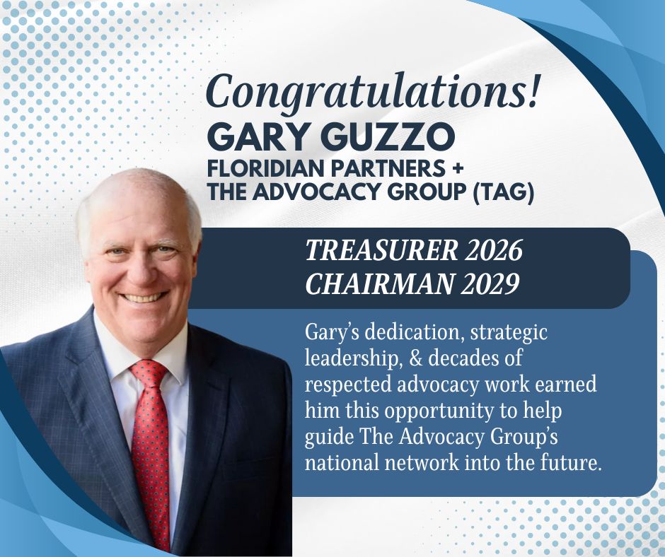 Congratulations to our very own, Gary Guzzo! 🥳

The TAG association announced its new Executive Committee members, &amp; we’re thrilled to share that Gary was elected Treasurer for 2026 and will go on to serve as Chairman of the group in 2029.

#Tallahassee #GovAffairs #Policy