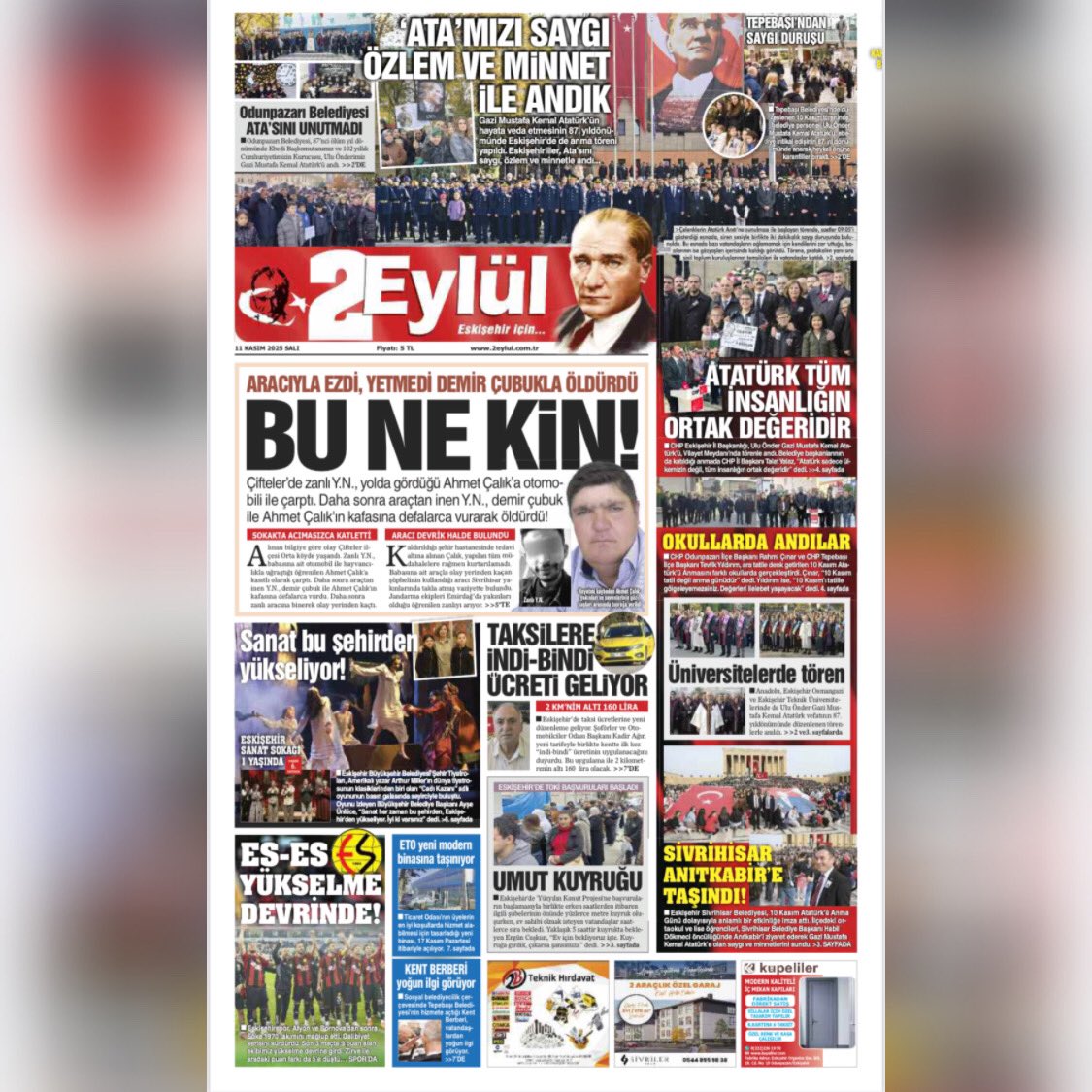 11.11.2025 TARİHLİ GAZETEMİZİN BİRİNCİ SAYFASI