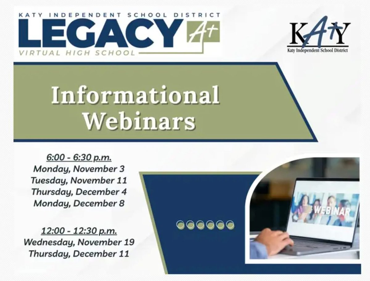 katyisd's tweet photo. Join us Tuesday, Nov. 11, from 6 to 6:30 p.m. for a live informational webinar.
Register today to see how students can learn on their own time and their own terms.
Join here: https://t.co/2ihfAIRHcT
Learn more: https://t.co/5EQIWQEAXN
#KatyISD #LegacyVirtualHigh https://t.co/WdWfbp3HQL