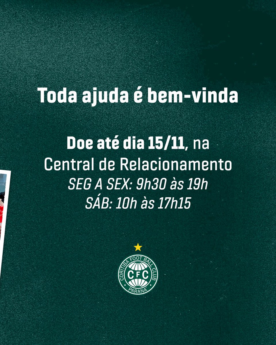 Coritiba's tweet image. Rio Bonito do Iguaçu precisa da nossa ajuda! 

Até o dia 15/11, você pode entregar roupas em bom estado, itens de higiene e alimentos não perecíveis na Central de Sócios, para ajudar as vítimas do tornado que atingiu o Centro-Sul do Paraná.

Toda ajuda faz diferença. 💚🤍