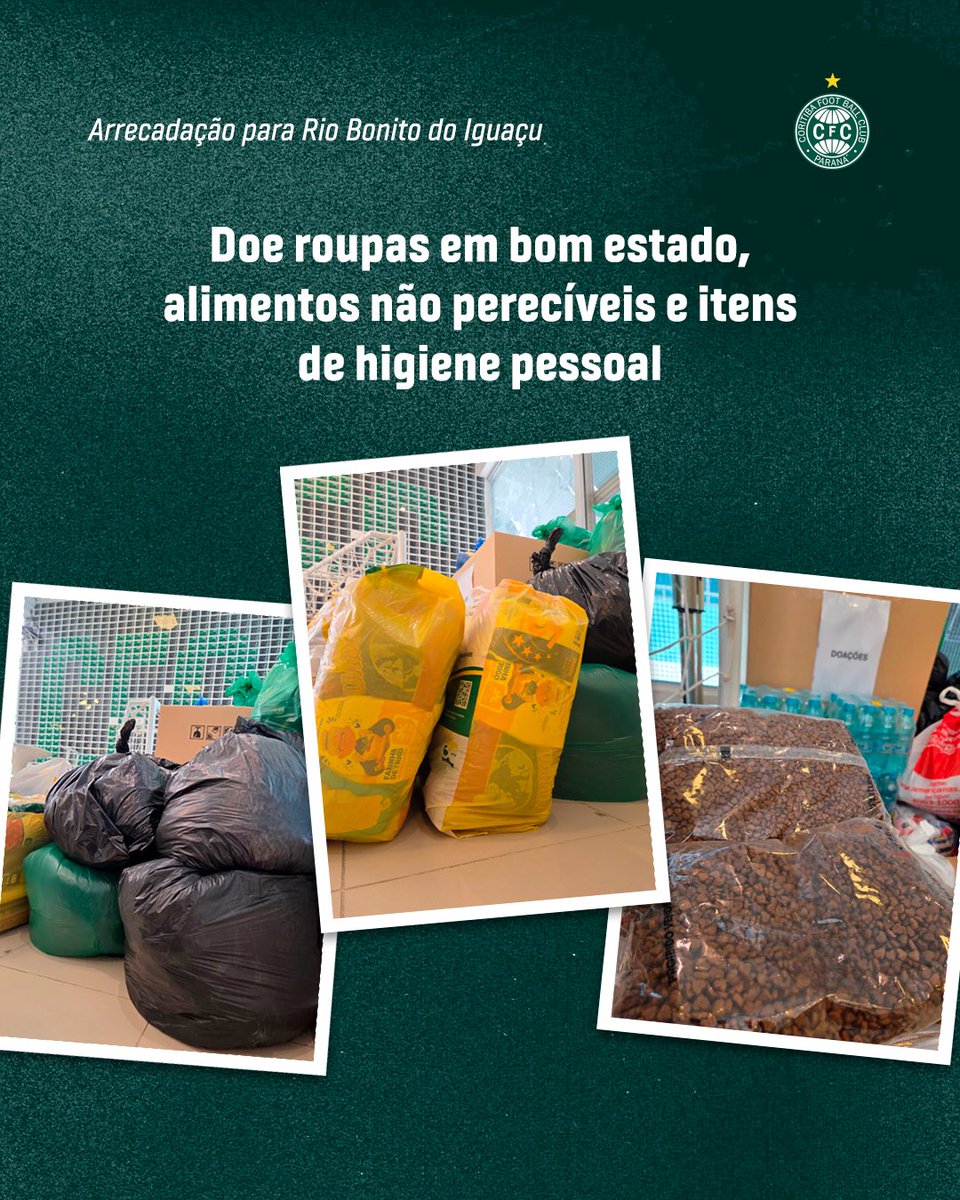 Coritiba's tweet image. Rio Bonito do Iguaçu precisa da nossa ajuda! 

Até o dia 15/11, você pode entregar roupas em bom estado, itens de higiene e alimentos não perecíveis na Central de Sócios, para ajudar as vítimas do tornado que atingiu o Centro-Sul do Paraná.

Toda ajuda faz diferença. 💚🤍