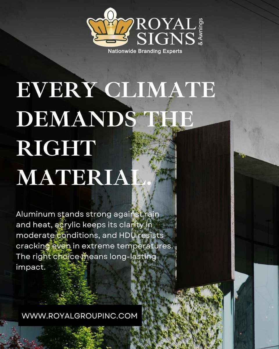 royal_signs1's tweet image. Whether it’s aluminum, acrylic, or HDU, choosing the right one ensures your sign stays strong, vibrant, and built to last.

#SignageMaterials #WeatherResistantSigns

Royal Signs &amp;amp; Awnings
royalgroupinc.com
Houston: 832-699-1115
Austin: 512-675-6869
Dallas: 469-879-57286