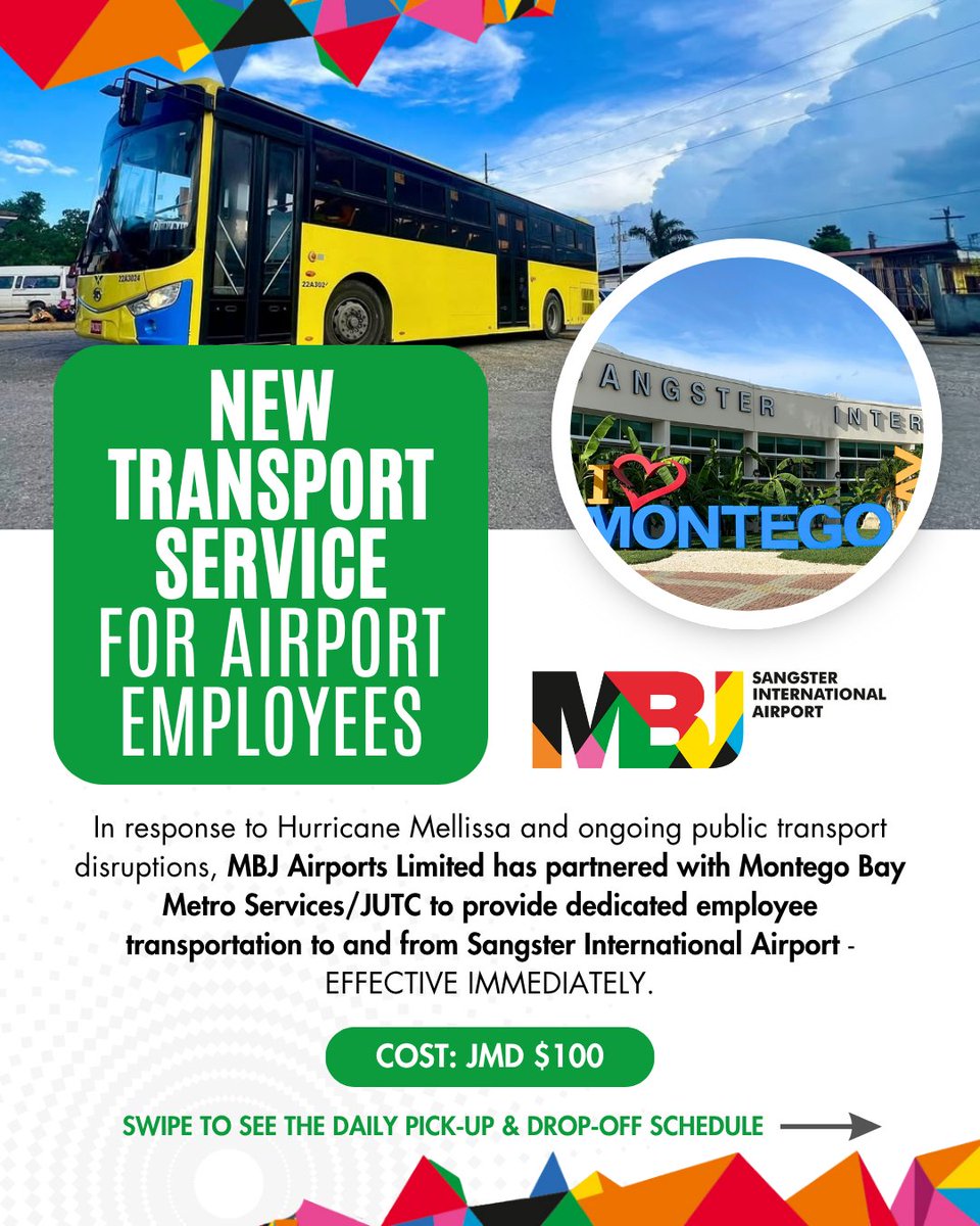 MBJAIRPORT's tweet photo. MBJ Airport has introduced a dedicated staff shuttle to support travel during this challenging time. 🚌
🕕 From Baywest → Airport and return
💲 JMD $100
📍 Daily schedule now active

#MBJAirport #Jamaica #HurricaneRelief #MBJRecovery https://t.co/h7gwF5IP7O