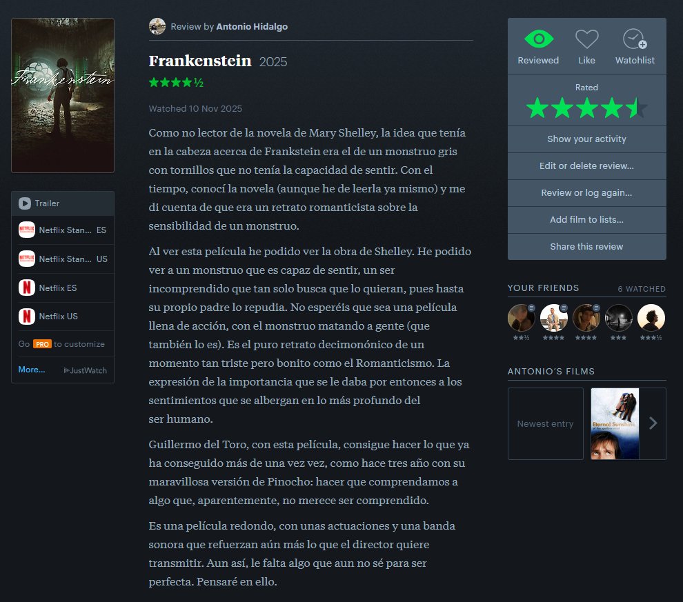Mi opinión de Frankstein, de Guillermo del Toro.