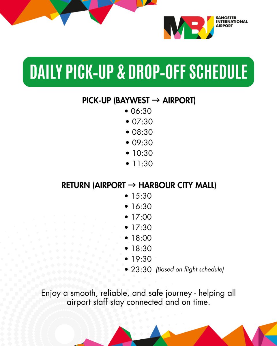MBJ Airport has introduced a dedicated staff shuttle to support travel during this challenging time. 🚌
🕕 From Baywest → Airport and return
💲 JMD $100
📍 Daily schedule now active

#MBJAirport #Jamaica #HurricaneRelief #MBJRecovery