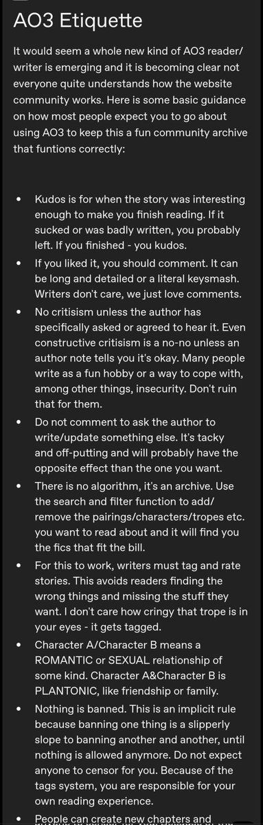 petal_07's tweet image. Finally I found this post about ao3 etiquette again✨️ I had read through it before I started reading a lot more on ao3 and it helped me a lot as a baby reader (also in case the pic isnt legible here's the link pin.it/312isVkBG)