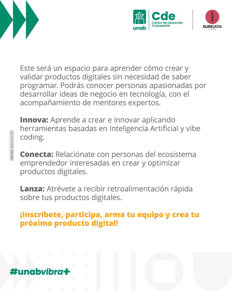 ¡Conecta con mentes creativas, descubre el poder del vibe coding y lleva tus ideas al siguiente nivel 🔝!

El Vibe Incubation Bootcamp te espera para un día de innovación, aprendizaje y creación colaborativa. Inscríbete➡️: forms.gle/7BeGuePDtZUuJG…

📅Laboratorio UNAB Creative