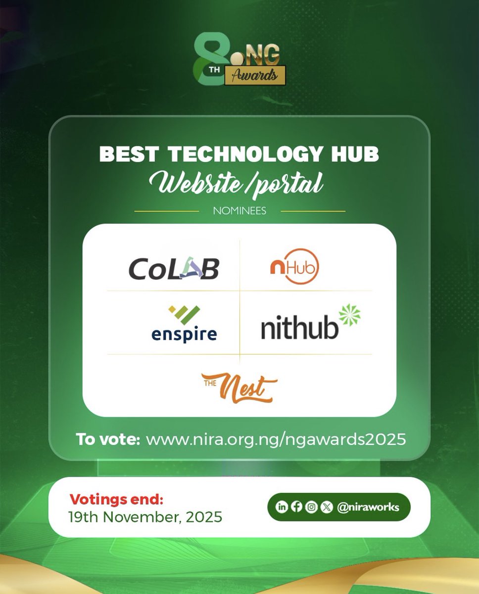 niraworks's tweet image. Meet the Nominees for Best Tech Hub Website/Portal! @nithub_lag , @nHubNG, @colab. Innovation Hub, @The Nest Innovation Technology Park and @enspirehub 

Vote a favourite Hub you know that deserves this recognition. Use nira.org.ng/ngawards2025