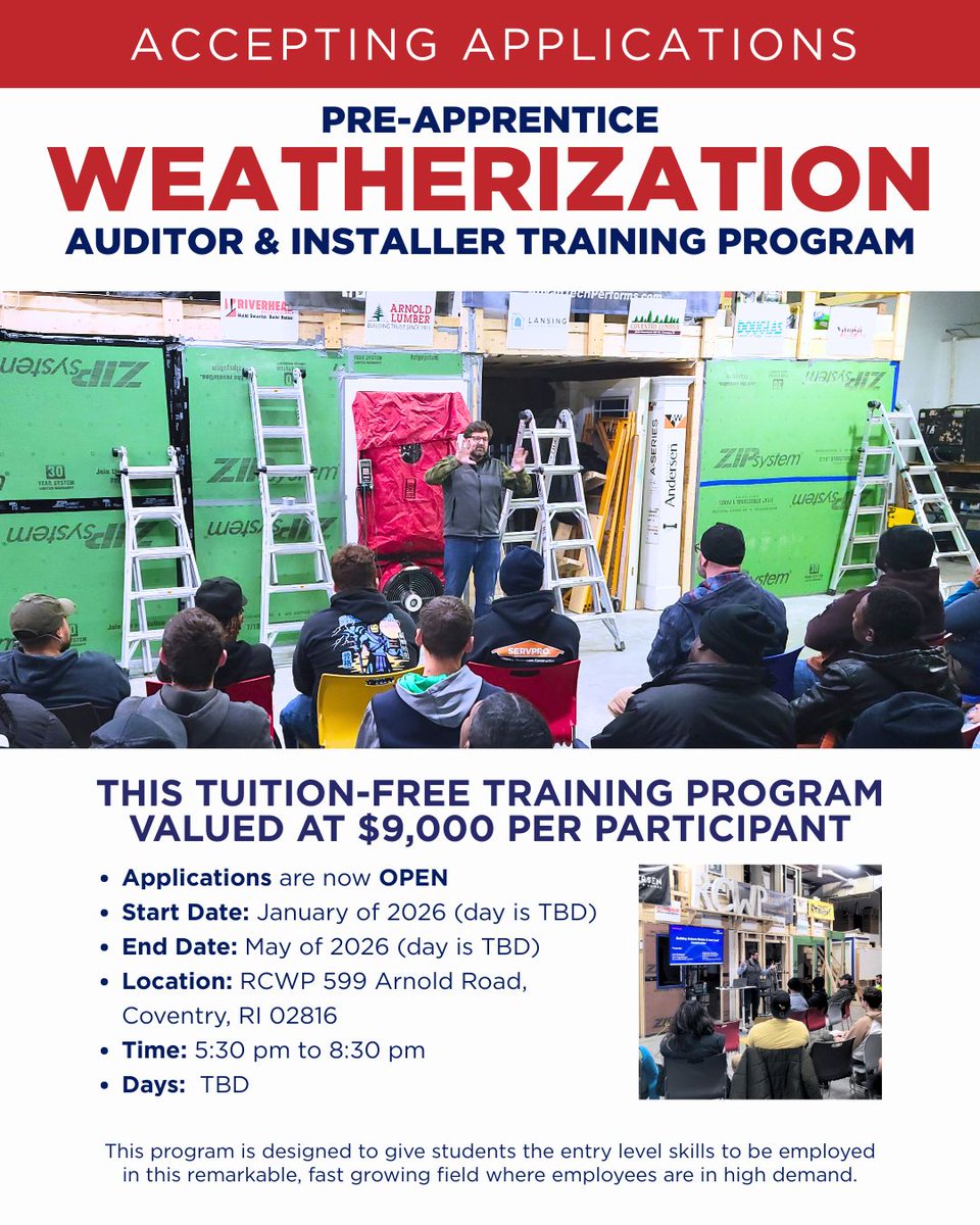💨 Ready to kickstart a career that keeps homes comfortable, efficient, and safe? Our TUITION-FREE Weatherization Auditor &amp; Installer Pre-Apprentice Training Program starts January 2026!

Limited spots — apply now and power up your future!
rcwpri.org/training-progr…
