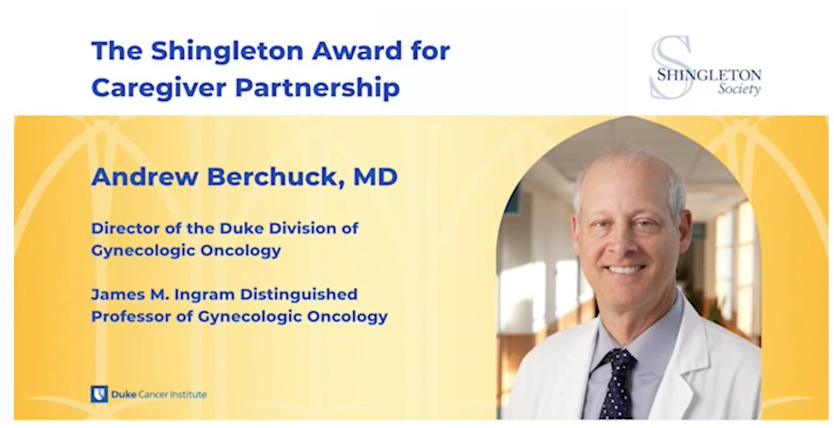 dukeobgyn's tweet image. Kudos to #GynOnc Andrew Berchuck, MD, recipient of the prestigious Shingleton Award for Caregiver Partnership. The award is named in honor of William W. Shingleton, MD, founding director of Duke Comprehensive Cancer Center. 🔗duke.is/ShingletonAwar…