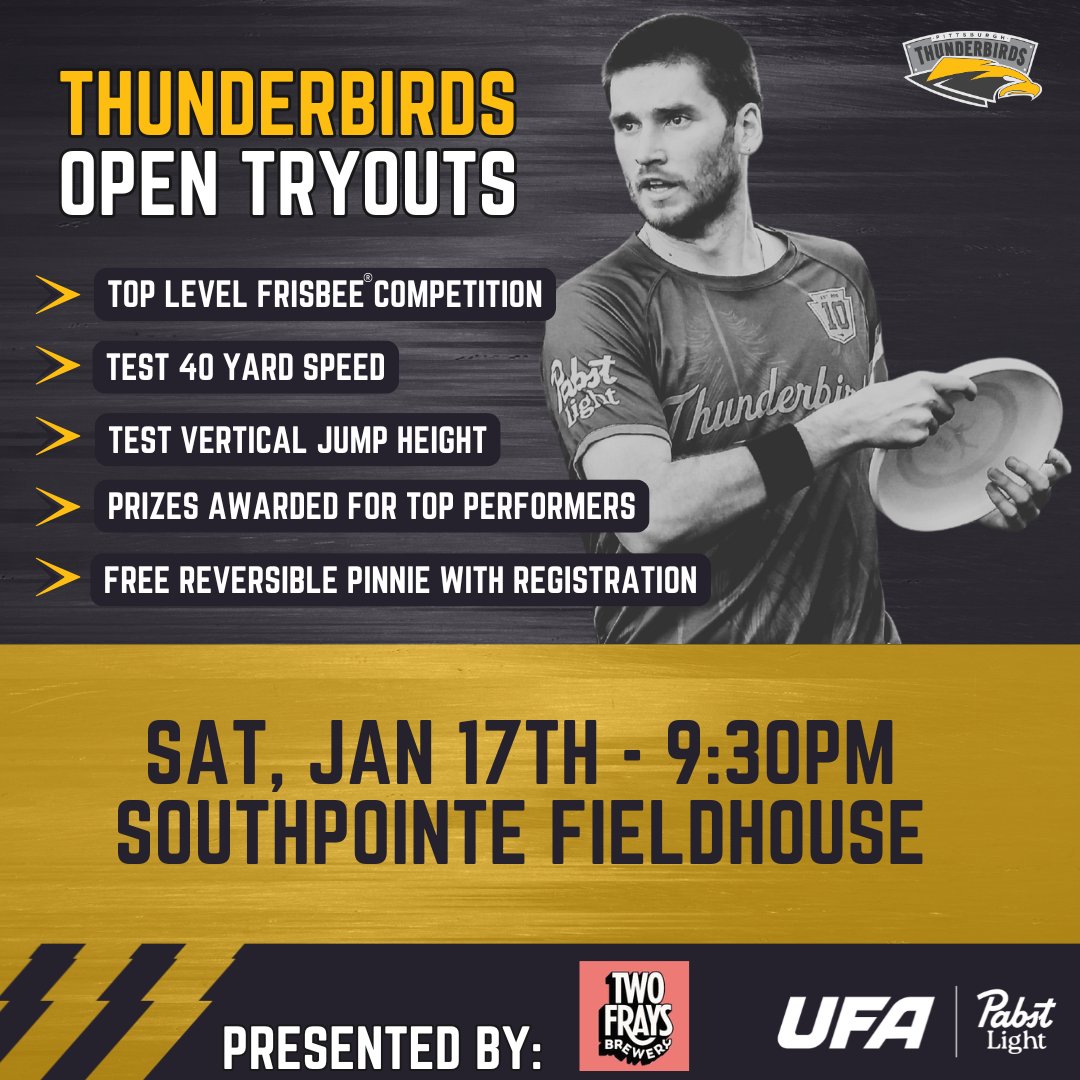 The 2026 Pittsburgh Thunderbirds season begins Today!

Our Open Tryouts, presented by Two Frays Brewery, is now accepting registrations.

Get prepared with our free training sessions, presented by Better Build Physical Therapy, called 'The Hatchery'.