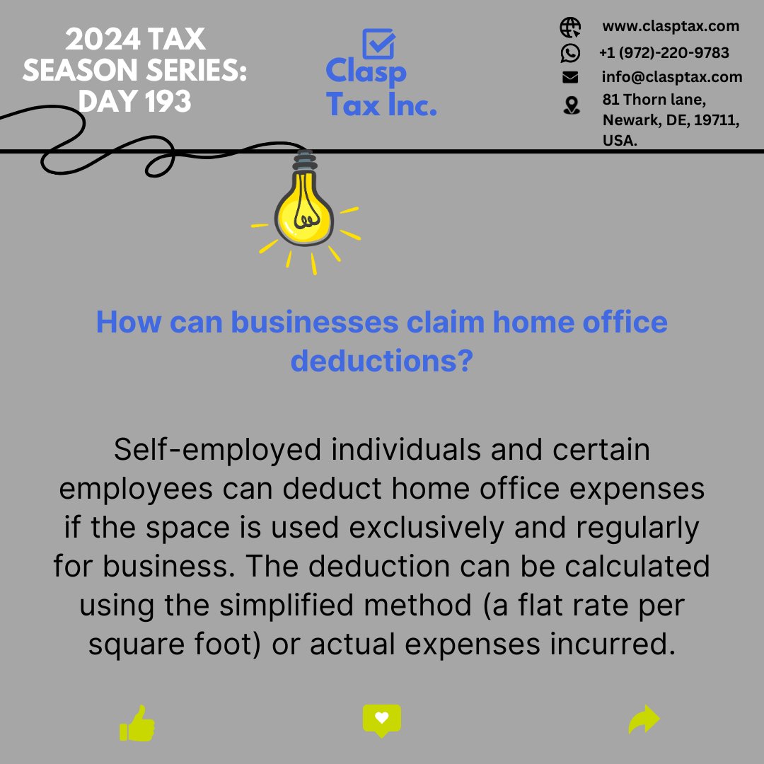 ClaspTaxInc's tweet photo. "Tax deductions for home office expenses!"

#taxseason2024 #ClaspTaxInc #usataxexperts #taxhelp #usataxfiling #ustaxfiling #maximizerefund #trustedtaxadvisor #BusinessTaxes #PersonalTax #taxsolutions #smallbusinesstax #irscompliance #securetaxfiling #professionaltax https://t.co/AHTTJMdS6X