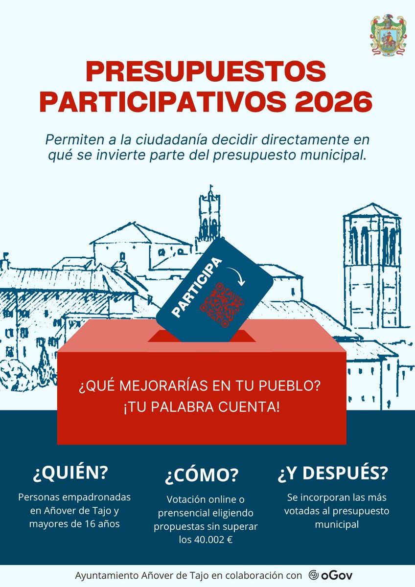 RodrigoMoreras's tweet photo. Haz tu propuesta para mejorar el municipio a través de los #PresupuestosParticipativos2026. Tienes 40.000€ y hasta el 23 de noviembre para presentar tu idea. Después, las que sean viables, serán votadas entre los vecinos. 
➡️ https://t.co/2Vgj0kjBr1 https://t.co/oRWjW95HkQ