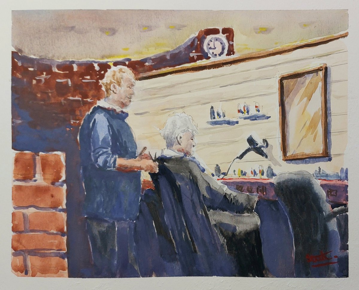 Colinsteedart1's tweet image. 'Time For A Trim'. 10x11 inches unframed watercolour. While waiting for my brother to have his hair cut, I decided to sketch  the cut in action. Once back in the studio I painted this larger version trying to capture a likeness. #colinsteedart1 #hairsalon #watercolor #watercolour